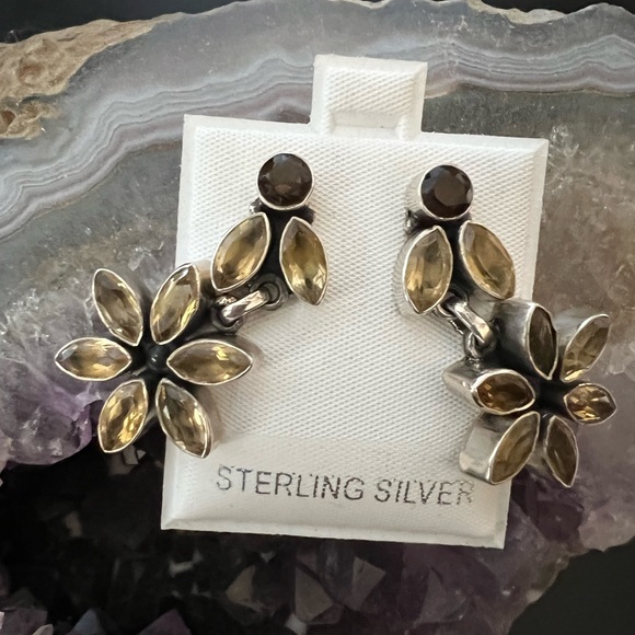 New Sterling Silver Dangling Smokey and Lemon Quartz Earrings - Picture 6 of 7